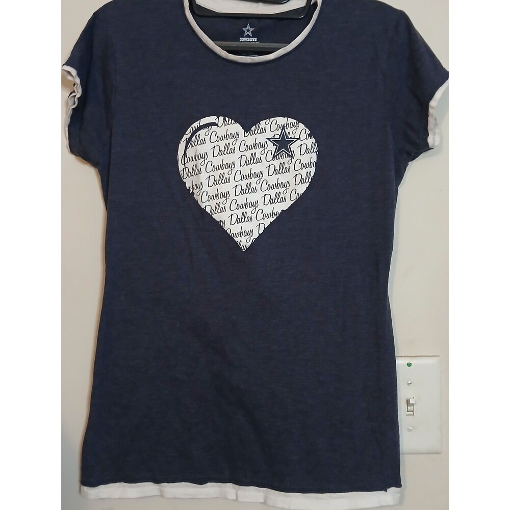 Dallas Cowboys Heart T-Shirt Women's Large Layered Look NFL Graphic Blue Tee - Picture 1 of 4